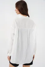 Kadın Çizgili Oversize Gömlek 20293 - Beyaz