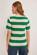 Chemisier rayé vert et blanc à col en V pour femme 15869