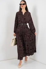 Women's Patterned Long Hijab Dress 2585 - Dark Brown
