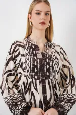 Kadın Desenli Uzun Tesettür Elbise 2585 - K. Taba