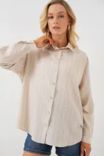 Kadın Çizgili Oversize Gömlek 20293 - Krem