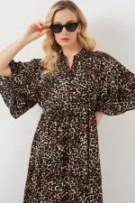 Kadın Desenli Kısa Kol Elbise 2562 - C. Kahverengi