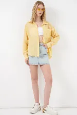 Kadın Tek Cepli Çizgili Oversize Gömlek 20375 - Sarı Kadın Tek Cepli Çizgili Oversize Gömlek 20375 - Sarı