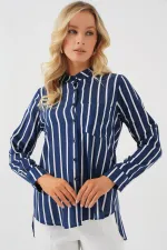 Kadın Uzun Kollu Çizgili Gömlek 20283 - A.Lacivert