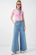 Women's Wide Leg High Waist Jeans 30080 - Light Blue Women's Wide Leg High Waist Jeans 30080 - Light Blue