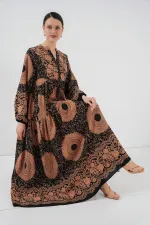 Robe hijab à motifs authentiques 2423 - Noir - Beige