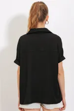 Chemisier en maille noir oversize à col polo pour femme 0486