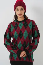 Kadın Baklava Desenli Triko Kazak 15929 - Bordo