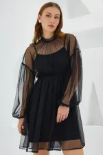 Robe courte noire en tulle pour femme, ornée de détails, référence 2485