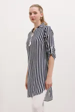 5613 Yaka Bağcıklı Çizgili Tunik - Lacivert