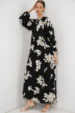 Kadın Desenli Uzun Tesettür Elbise 2585 - Düz Siyah