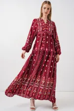 Kadın Desenli Uzun Tesettür Elbise 2585 - K. Kırmızı