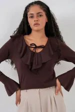 Kadın Uzun Kol Crop Bluz 979 - Kahverengi