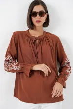 Kadın Nakışlı Örme Bluz 941 - Kiremit