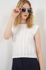 Women's Textured Sleeveless Knitted Stretch Blouse 991 - White