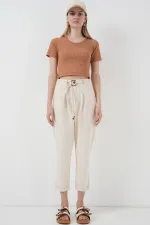 6660 Kemerli Keten Pantolon - Krem