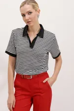 Kadın Siyah Polo Yaka Çizgili Tişört 0499