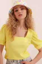 0409 Square Collar Knitted Blouse - Yellow