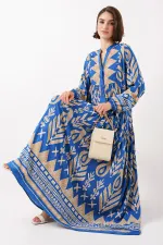 2423 Authentic Patterned Hijab Dress - Light Blue