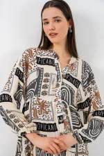 Kadın Desenli Uzun Tesettür Elbise 2585 - K. Bej