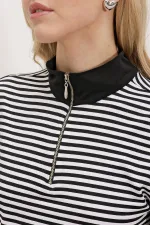 Women's Black Polo Collar Zippered Striped T-Shirt 0497