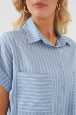 Women's Short Sleeve Striped Oversize Shirt 20303 - Blue
