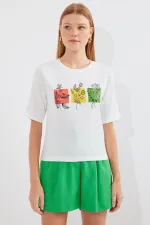 T-shirt basique imprimé en maille 913 - Blanc