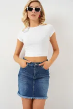 Women's Tassel Mini Denim Skirt 8051 - Navy Blue