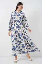 Kadın Lilyum Kumaş Uzun Tesettür Elbise 2593 - İndigo