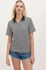 Women's Black Polo Collar Zippered Striped T-Shirt 0497