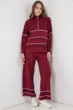 Kadın Çizgili Oversize Triko İkili Takım 15957 - Bordo