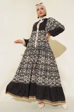 Robe hijab en viscose à motifs crème et noir pour femme 2423