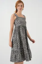 Kadın Desenli Askılı Midi Elbise 2577 - Antrasit