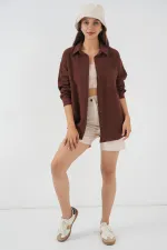 Kadın Tek Cepli Oversize Müslin Gömlek 20353 - Kahverengi