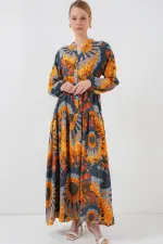 2423 Otantik Desenli Tesettür Elbise - L. Turuncu