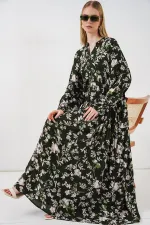 Kadın Desenli Uzun Tesettür Elbise 2585 - Koyu Haki