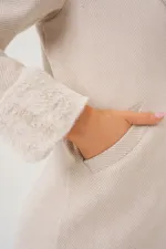 9145 Kadın Kolları Tüylü Balık Sırtı Kaşe Kaban - Krem