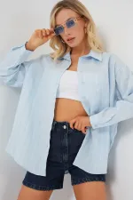 Kadın Çizgili Oversize Gömlek 20293 - Mavi