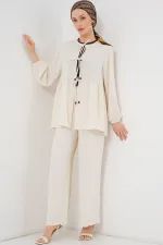 Kadın Önü Bağcıklı Tunik Pantolon İkili Takım 6744 - Ekru