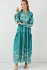 Kadın Desenli Uzun Tesettür Elbise 2585 - Mint
