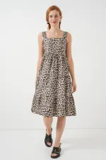 Kadın Desenli Askılı Midi Elbise 2577 - C. Kahverengi