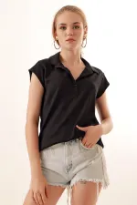 20123 Polo Collar Knitted Blouse - Black