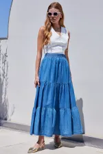 Jupe longue en jean à volants 8022 - Bleu marine