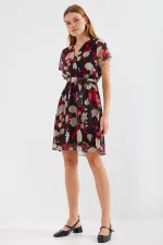 Robe courte en mousseline à motifs, manches courtes, couleur bordeaux (réf. 2502)