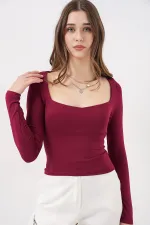 Kadın Kare Yaka Slim Fit Bluz 986 - Bordo