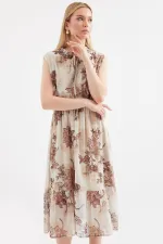 2503 Patterned Zero Sleeve Chiffon Dress - Brown