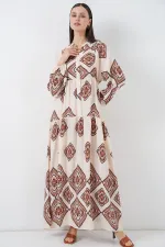 Kadın Desenli Uzun Tesettür Elbise 2585 - Ekru Kahve