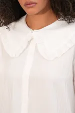 Women's Wide Collar Ruffle Detail Striped Tunic Shirt 5993 - White