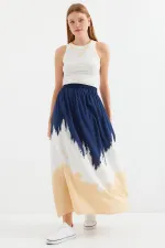 8025 Patterned Long Viscose Skirt - Navy Blue