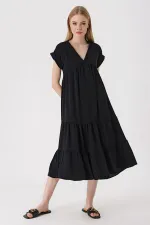 2398 V-Neck Ruffled Dress - Black